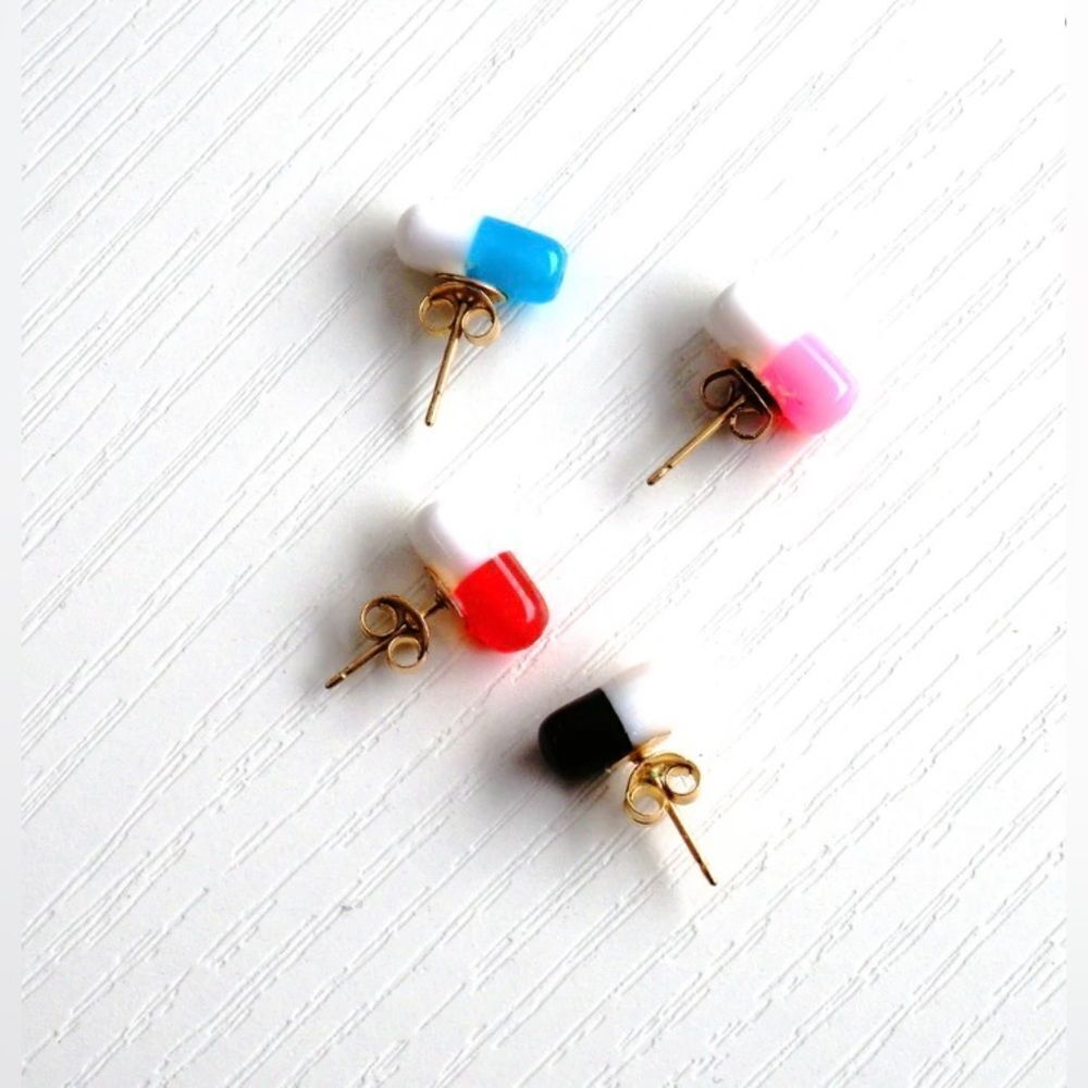Pill Capsule Earrings 14k backing Chill Pill Stud Earrings Red and White